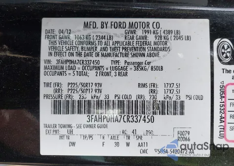 2012 Ford Fusion Se из США, поврежденный, VIN 3FAHP0HA7CR337450